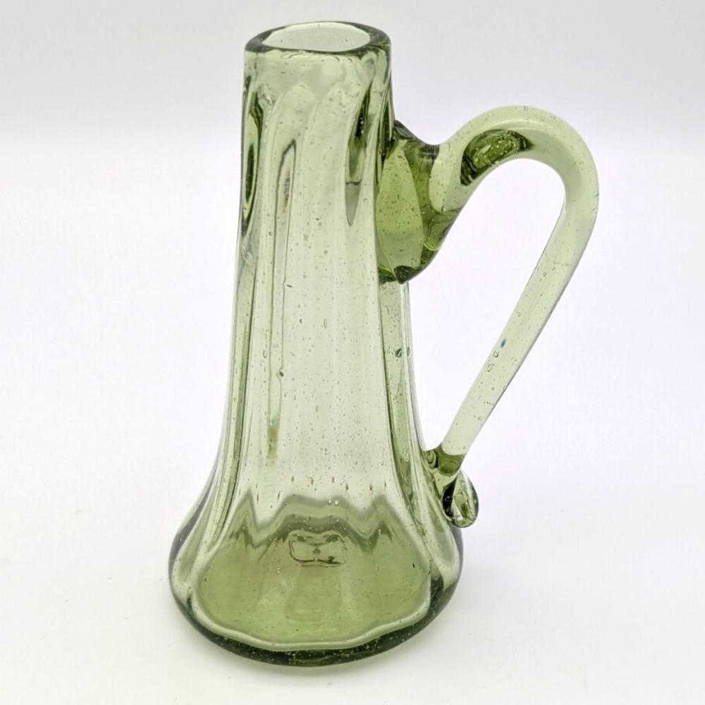 Antique Hand Blown Green Glass Optic Ribbed Syrup Pitcher